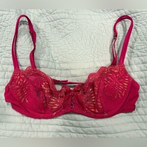 Victoria's Secret Hot Pink Lace Underwire coquette Bra with Gold Embroidery 36b